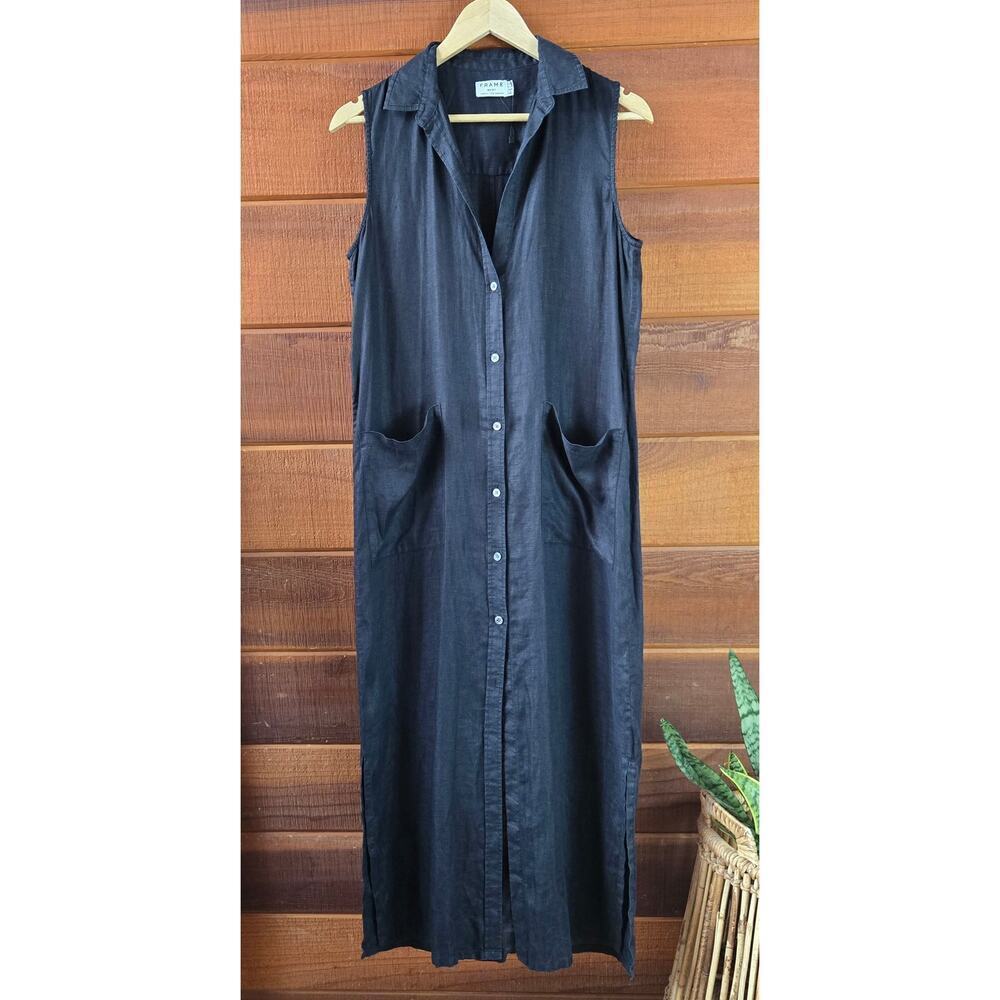 NWOT FRAME Womens Black Linen Boyfriend Shirt Midi Dress XS Pockets Lagenlook